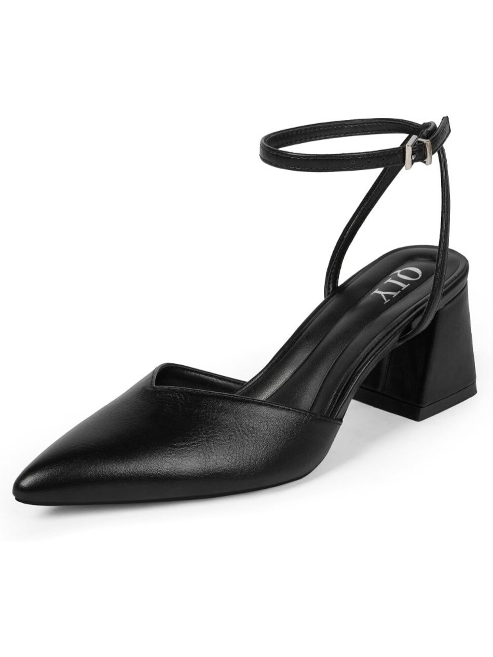 🆕Women All Black Pointed Toe Block Heels Chunky Ankle Strap Bridal Dress Pumps